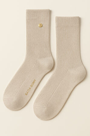 Kadın Yün Simli Soket Çorap Ekru