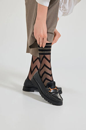 Kadın Zigzaglı İnce Soket Çorap Siyah/Silver