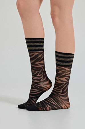 Kadın Zebra Desenli İnce Soket Çorap Siyah/Silver