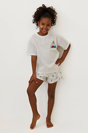 Kız Çocuk Seageo Balıklı Şortlu Pijama Takımı Ekru