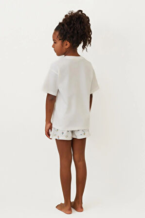 Kız Çocuk Seageo Balıklı Şortlu Pijama Takımı Ekru