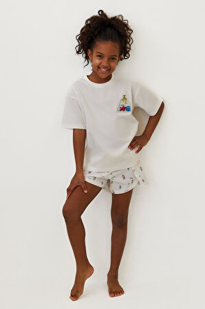 Kız Çocuk Seageo Balıklı Şortlu Pijama Takımı Ekru