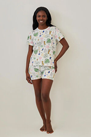 Kadın Safari Desenli Şortlu Pijama Takımı Ekru