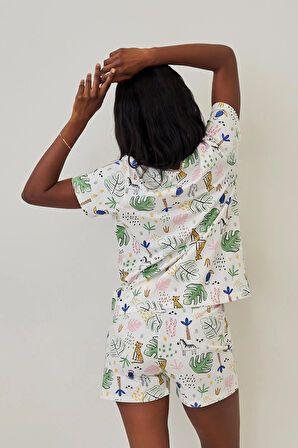 Kadın Safari Desenli Şortlu Pijama Takımı Ekru