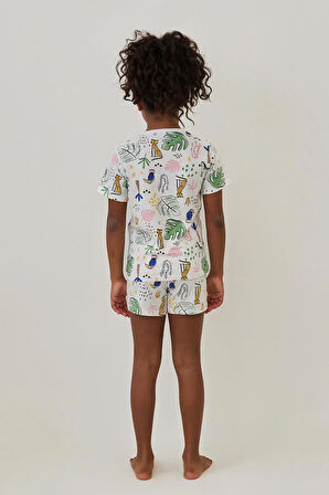 Kız Çocuk Safari Desenli Şortlu Pijama Takımı Ekru