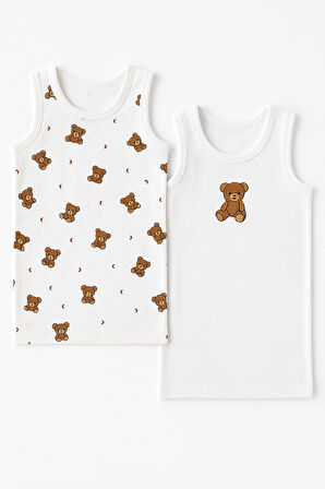 Çocuk Teddy Desenli 2'li Paket Atlet Beyaz/Lacivert