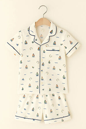Çocuk Seageo Yelken Desenli Düğmeli Şortlu Pijama Takımı Ekru