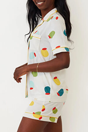 Kadın Limon Desenli Düğmeli Şortlu Pijama Takımı