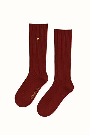 Kadın Fitilli Yün Dizaltı Çorap Bordo