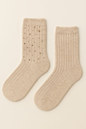 Kadın Taş Aksesuarlı Fitilli Yün Soket Çorap Ekru