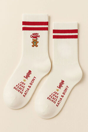 Unisex Gingerbread Man Desenli Soket Çorap Beyaz