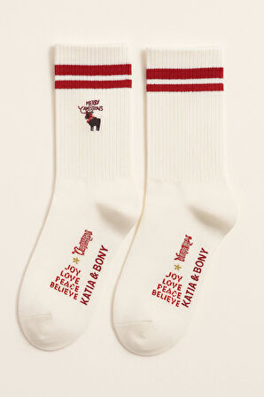 Unisex Geyikli Yılbaşı Soket Çorap Beyaz