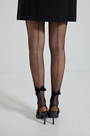 Kadın Kurdele Aksesuarlı Şeritli İnce Külotlu Çorap  