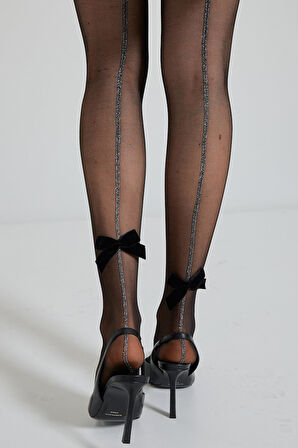 Kadın Kurdele Aksesuarlı Şeritli İnce Külotlu Çorap  