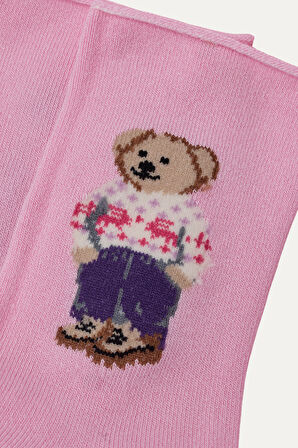 Kız Çocuk Teddy Desenli Latiksiz Modal Soket Çorap Pembe