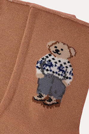 Çocuk Teddy Desenli Lastiksiz Modal Soket Çorap Kahverengi