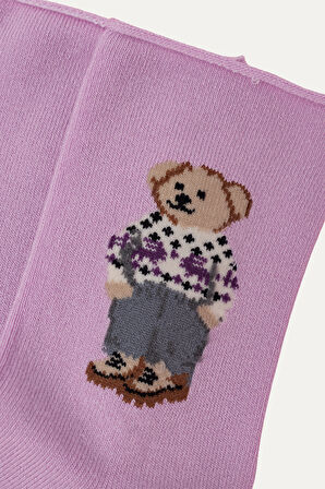 Kız Çocuk Teddy Desenli Lastiksiz Modal Soket Çorap Lila