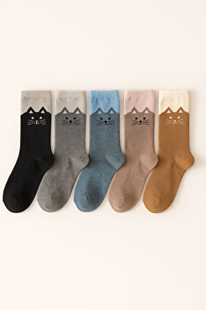 Kadın 5'li Sevimli Kedi Desenli Soket Çorap