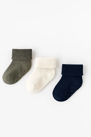 Bebek 3'lü Havlu Soket Çorap Lacivert-Haki-Beyaz
