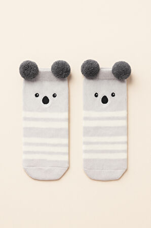 Bebek Ponpon Aksesuarlı Sevimli Koala Desenli Soket Çorap Gri