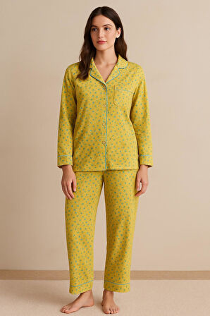 Kadın Çiçekli Pijama Takımı Hardal