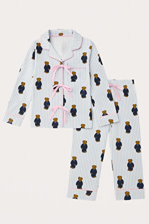 Kadın Teddy Desenli Cepli Pijama Takımı Mavi