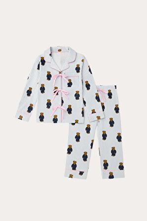 Kız Çocuk Teddy Desenli Cepli Pijama Takımı Mavi