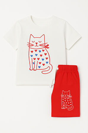 Kız Çocuk Kedi Desenli Şortlu Pijama Takımı