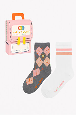 Kız Çocuk Ekose Desenli 2'li Kutulu Soket Çorap Gri/Beyaz 
