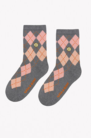 Kız Çocuk Ekose Desenli 2'li Kutulu Soket Çorap Gri/Beyaz 