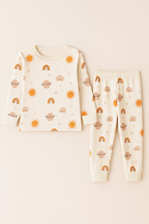 Çocuk Gezegen Desenli Pijama Takımı Ekru