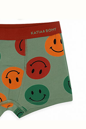 Erkek Çocuk Gülen Yüz Desenli 2'li Boxer Yeşil