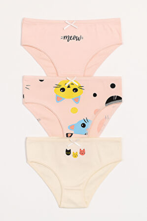 Kız Çocuk Kedi Desenli 3'lü Slip Külot Açık Pembe