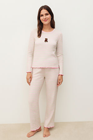 Kadın Teddy Desenli Pijama Takımı Ekru