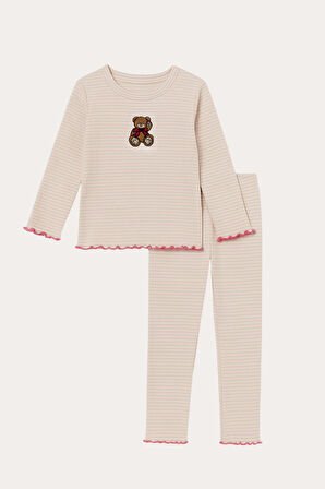 Kadın Teddy Desenli Pijama Takımı Ekru