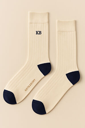 Erkek Çizgili Nakışlı Soket Çorap Ekru