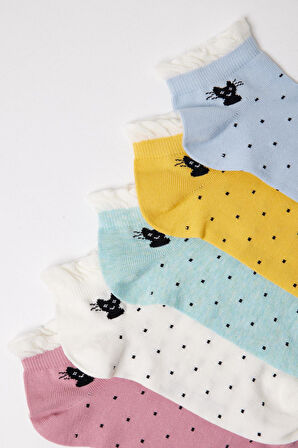 Kadın Kedi Desenli 5'li Patik Çorap