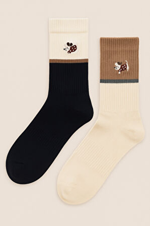 Unisex 2'li Köpek Nakışlı Soket Çorap Ekru Mix