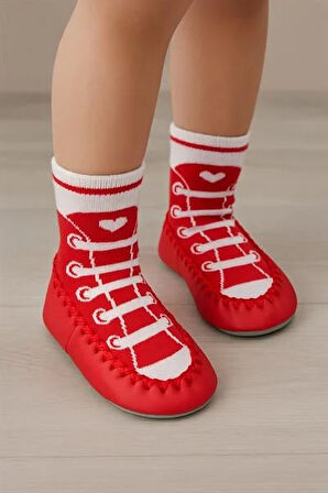 Çocuk Bağcık Desenli Makosen Soket Çorap Patik Panduf – Kaydırmaz Ev & Anaokulu Ayakkabısı Kırmızı