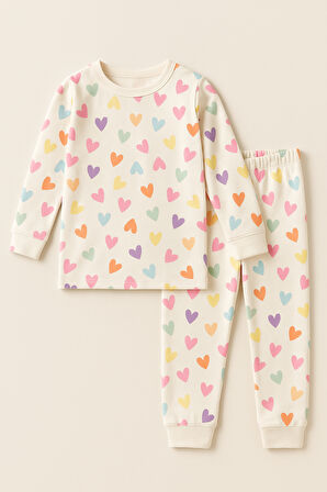 Kız Çocuk Renkli Kalpli Pijama Takımı