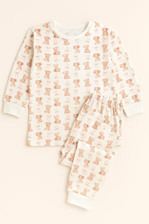 Kız Çocuk Kurdele ve Teddy Baskılı Pijama Takımı