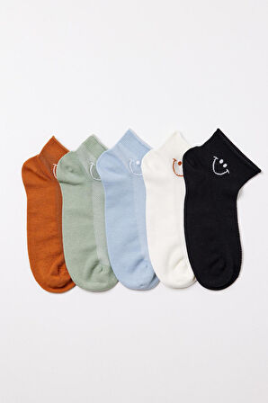 Kadın 5'li Gülen Surat Baskılı Step Çorap