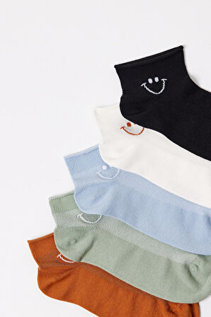 Kadın 5'li Gülen Surat Baskılı Step Çorap