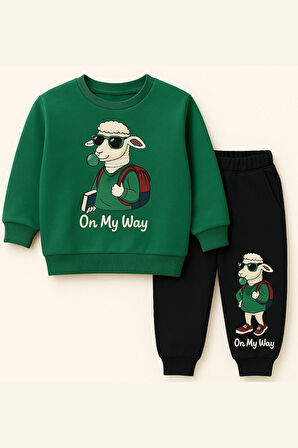 Erkek Çocuk Paçası Kuzu Desenli Eşofman Takımı Yeşil