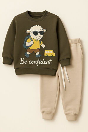 Çocuk Kuzu Baskılı Eşofman Takımı Haki