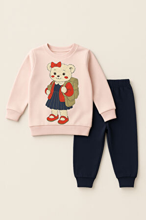 Kız Çocuk Teddy Desenli Eşofman Takımı Pembe