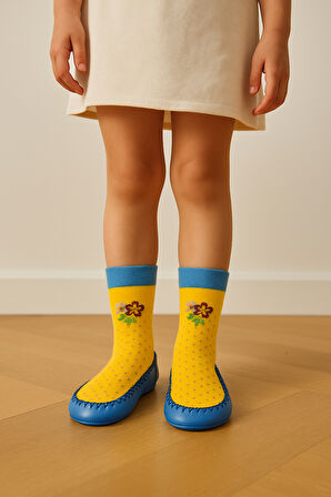 Kız Çocuk Çiçek Desenli Makosen Soket Çorap Patik Panduf – Kaydırmaz Ev & Anaokulu Ayakkabısı Sarı