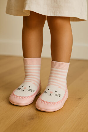 Çocuk Kedi Desenli Makosen Soket Çorap Patik Panduf – Kaydırmaz Ev & Anaokulu Ayakkabısı Pembe