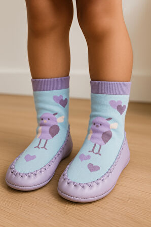 Çocuk Kuş Desenli Makosen Soket Çorap Patik Panduf – Kaydırmaz Ev & Anaokulu Ayakkabısı Mor