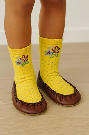 Kız Çocuk Çiçek Desenli Makosen Soket Çorap Patik Panduf – Kaydırmaz Ev & Anaokulu Ayakkabısı Kahverengi